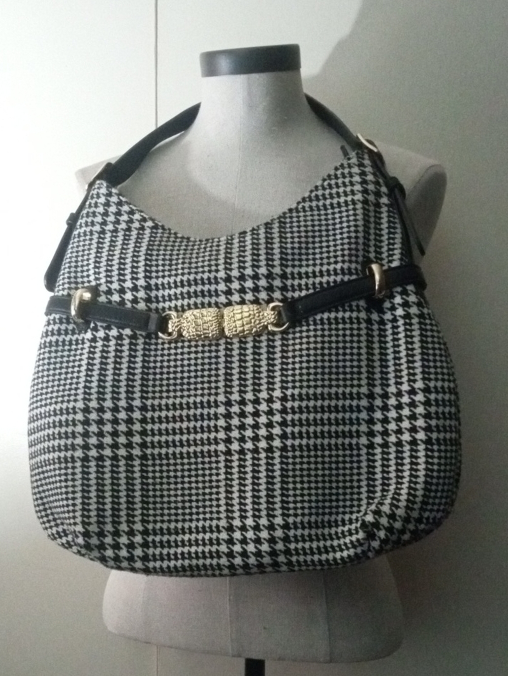 Talbots Houndstooth Plaid Shoulder Bag Black White Tweed Gold Buckle Accent